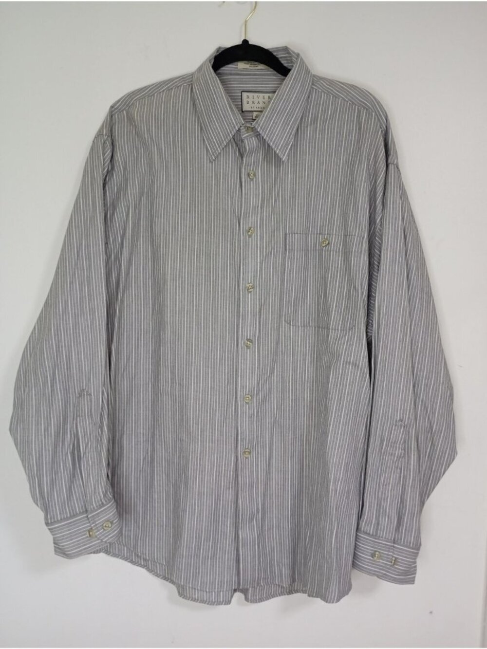 River Brand By Arrow Mens Gray & White Stripes Shirt Size 17.5 34/35 100% Cotton